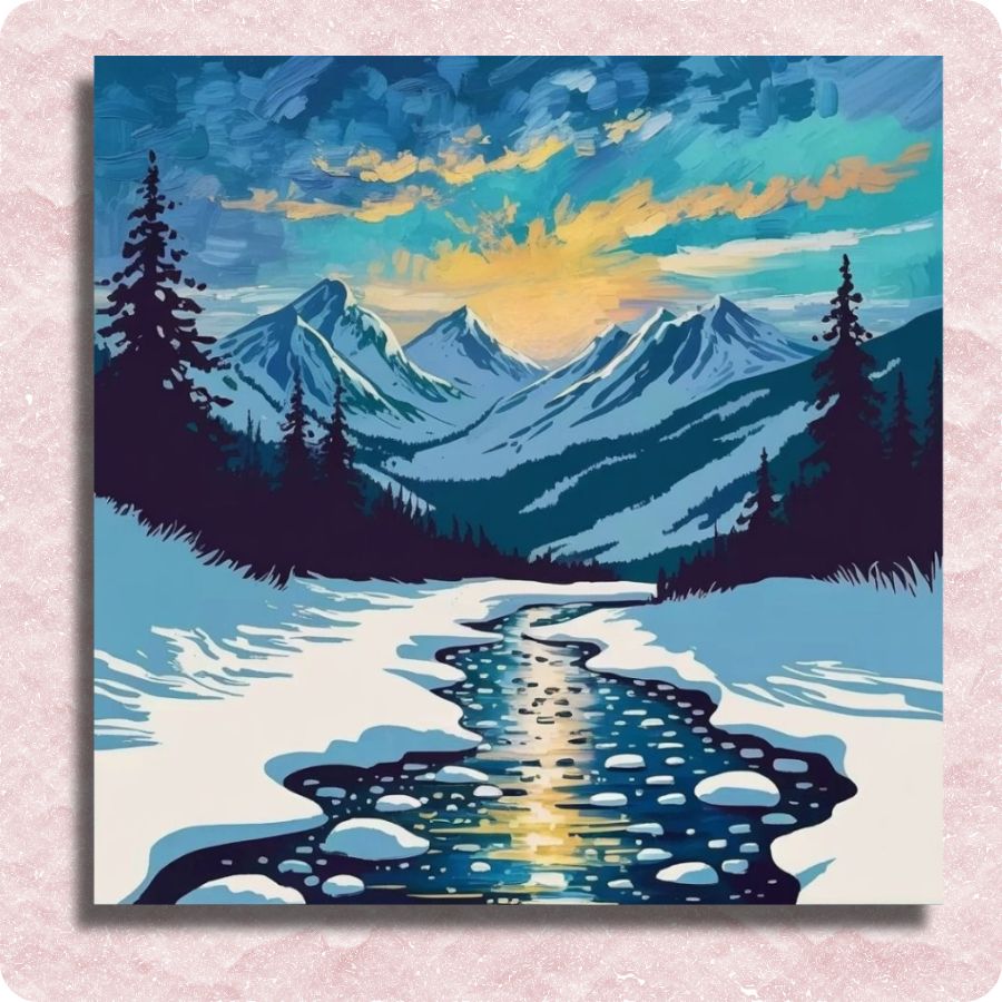 Painting of a mountain landscape with a lake and trees, set against a pink background. Snowy Mountain Stream - Paint by numbers
