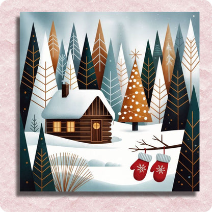 Winter scene with a cabin, trees, and mittens on a pink background. Snowy Red Gloves - Paint by numbers