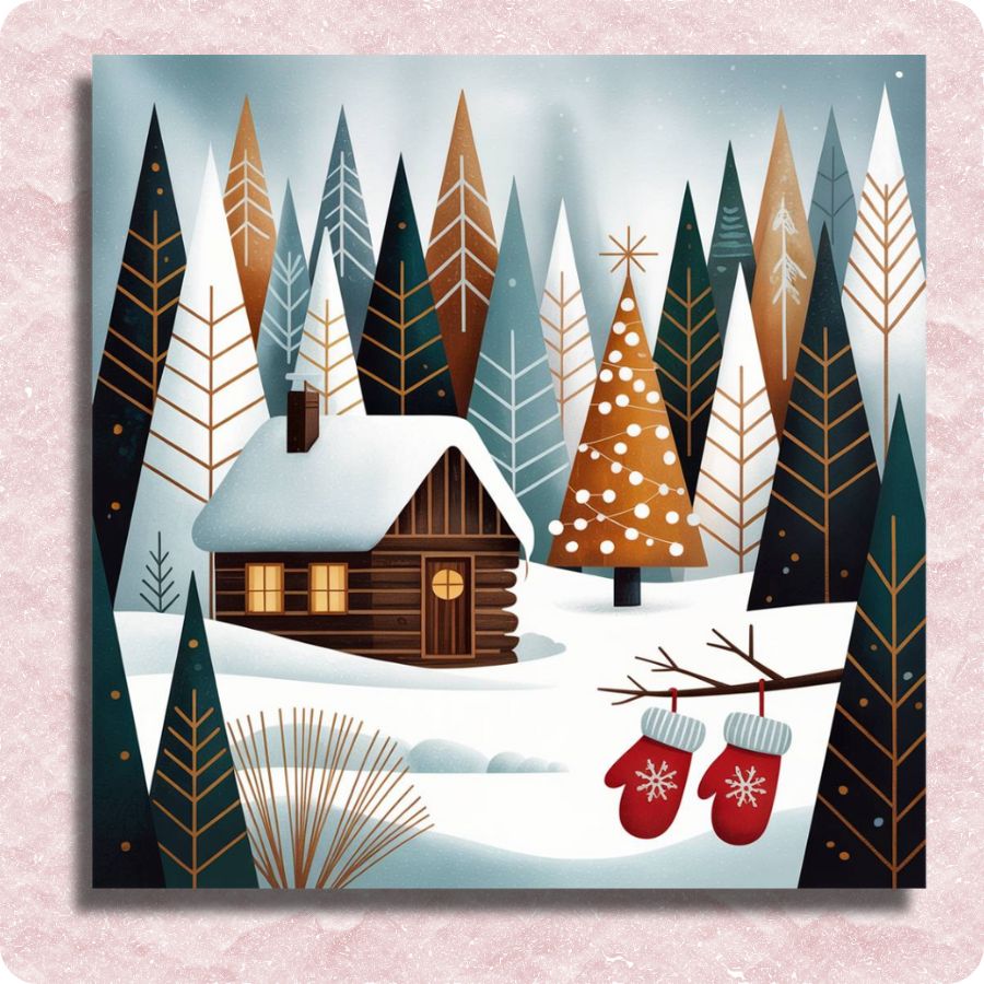 Winter scene with a cabin, trees, and mittens on a pink background. Snowy Red Gloves - Paint by numbers