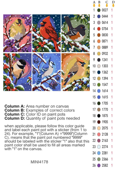 Snowy Songbirds 6 Pack Paint by Numbers Color Card