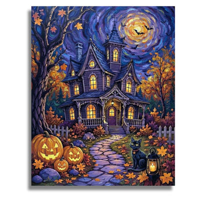 A Halloween-themed fantasy painting of a haunted purple house with glowing yellow windows, carved pumpkins, a black cat, a lantern, and a swirling blue-and-gold night sky with bats. The artwork is shown against a plain white background. Spooky House - Paint by numbers