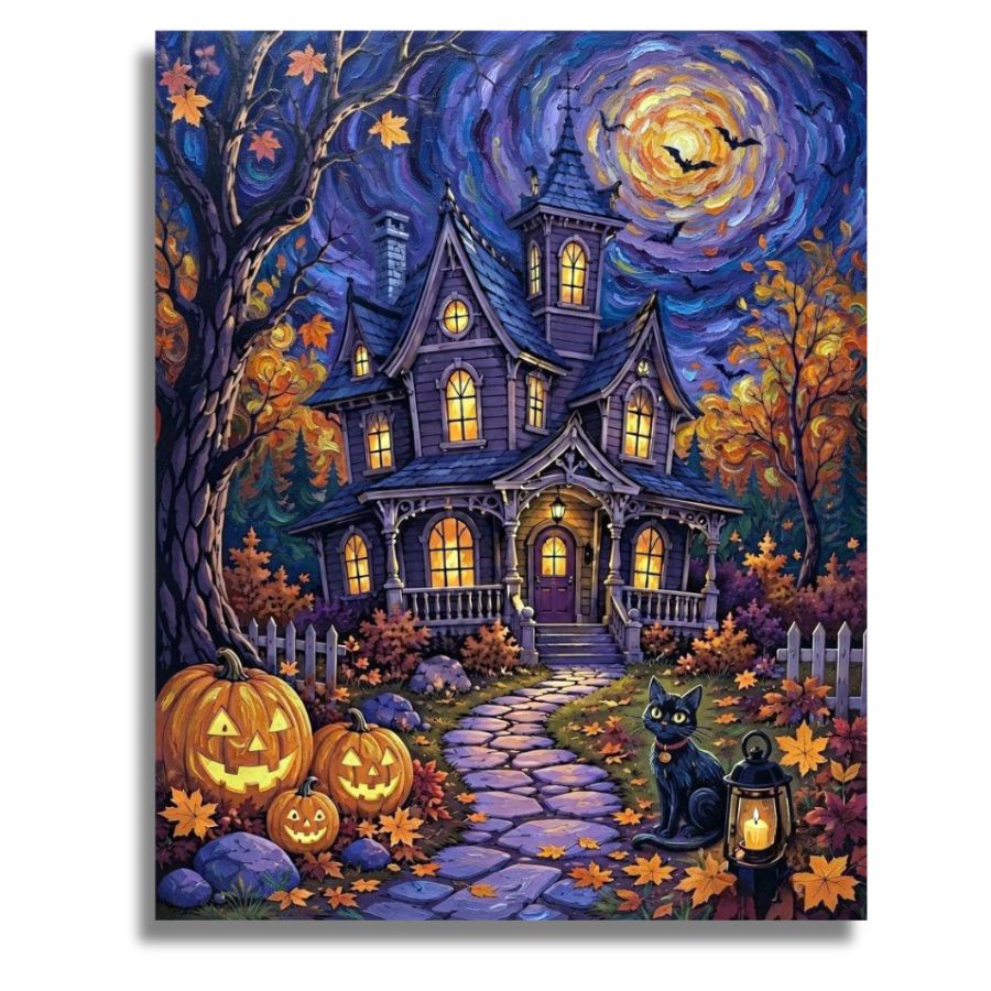 A Halloween-themed fantasy painting of a haunted purple house with glowing yellow windows, carved pumpkins, a black cat, a lantern, and a swirling blue-and-gold night sky with bats. The artwork is shown against a plain white background. Spooky House - Paint by numbers