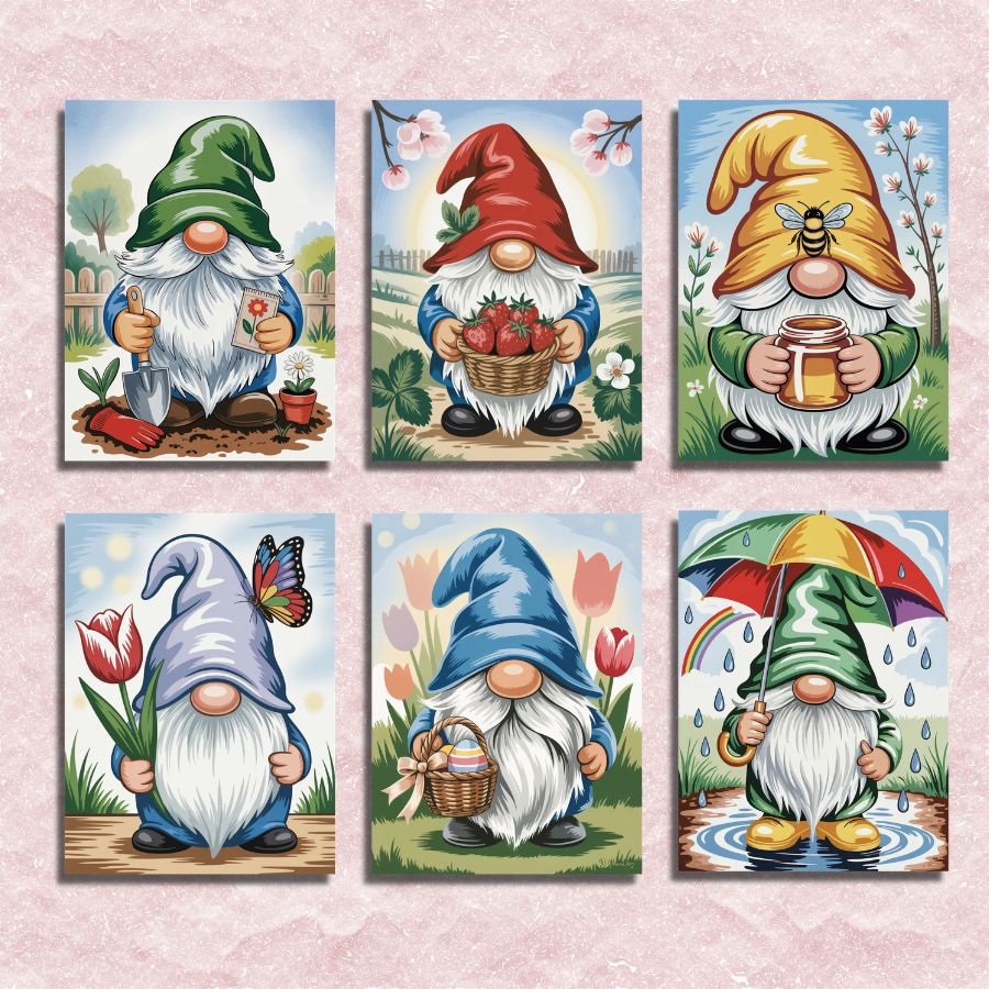 Set of six colorful gnome illustrations on a pink background. Spring Garden Gnome - Paint by numbers