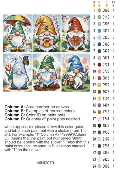 Color guide for painting gnomes on a canvas with corresponding paint pot numbers. Spring Garden Gnomes 6 Pack Paint by Numbers