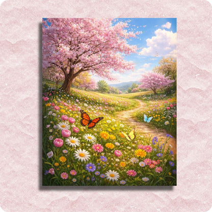 Painting of a cherry blossom tree and colorful flowers with butterflies on a pink textured background. Springtime Paint by Numbers