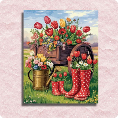 Painting of flowers, boots, and a watering can on a pink background. Springtime Paint by Numbers