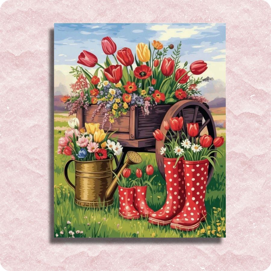 Painting of flowers, boots, and a watering can on a pink background. Springtime Paint by Numbers
