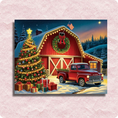 Christmas scene with a red barn, Christmas tree, and truck on a pink textured background. Starlit Barn Harmony - Paint by numbers