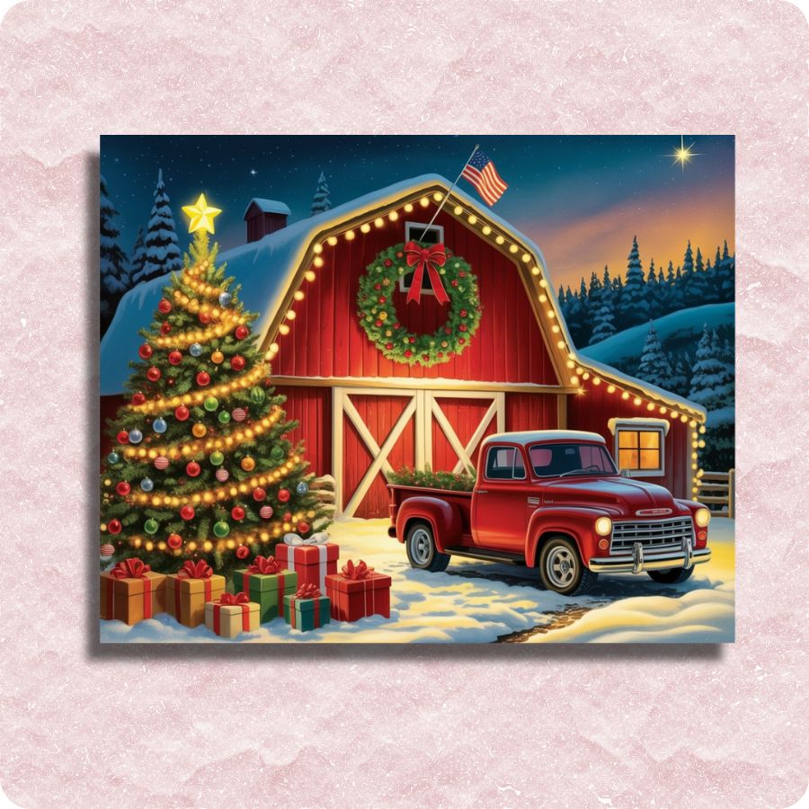 Christmas scene with a red barn, Christmas tree, and truck on a pink textured background. Starlit Barn Harmony - Paint by numbers