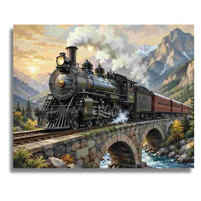 A rectangular wall art print or canvas showing a vintage black steam locomotive pulling passenger cars over a stone bridge with mountains and a river in the background, photographed against a plain white wall. Steam Locomotive Canvas - Paint by numbers