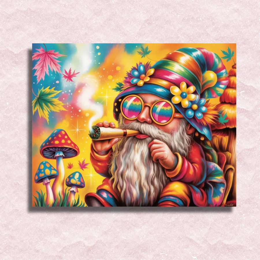 Colorful artwork of a gnome with a smoking pipe, surrounded by mushrooms and flowers on a textured pink background. Stoner Gnome - Paint by numbers
