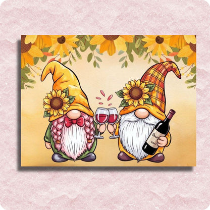 Two gnomes with sunflowers and wine glasses. Sunflower Gnome Toast - Paint by numbers