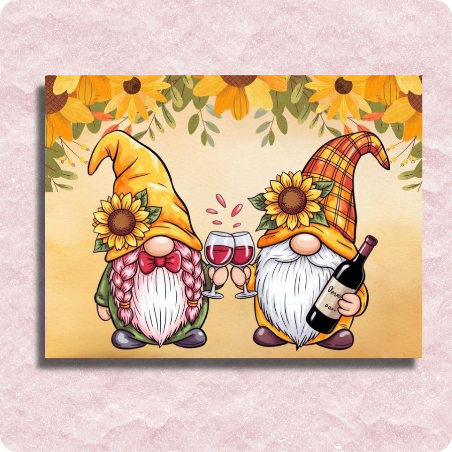 Two gnomes with sunflowers and wine glasses. Sunflower Gnome Toast - Paint by numbers