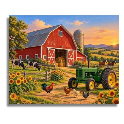 A rectangular canvas print depicting a vibrant rural farm scene at sunset, featuring a red barn, green tractor, cows, chickens, horses, sunflowers, and rolling hills under a colorful sky. Farm Scene - Paint by Numbers Kit