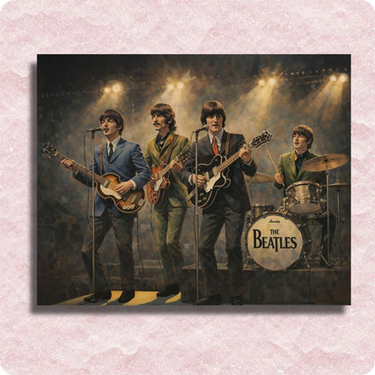 Framed artwork of The Beatles on stage with a pink textured border. The Beatles - Live on Stage Canvas - Paint by numbers