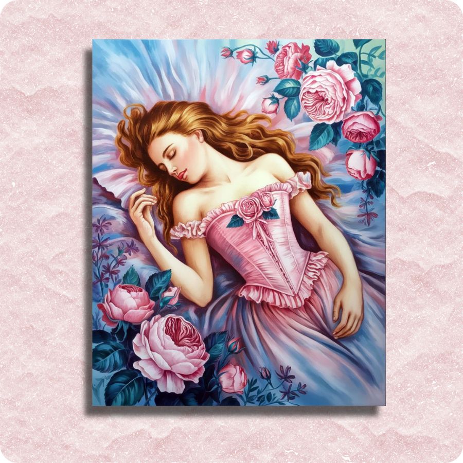 Painting of a woman in a pink dress surrounded by flowers on a pink background. The Sleeping Beauty - Paint by numbers