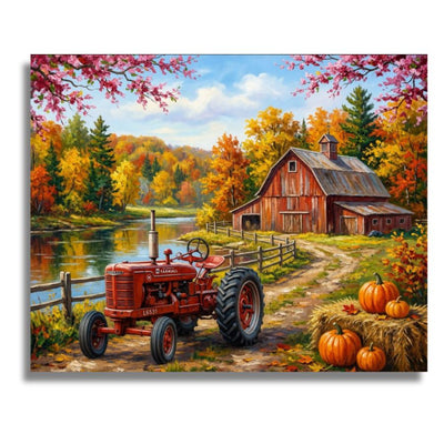 A square canvas wall art print depicting a vibrant autumn farm scene with a red vintage tractor, a weathered red barn, a river, colorful fall foliage, and pumpkins in the foreground. Tractor Barn Scene - Paint by numbers