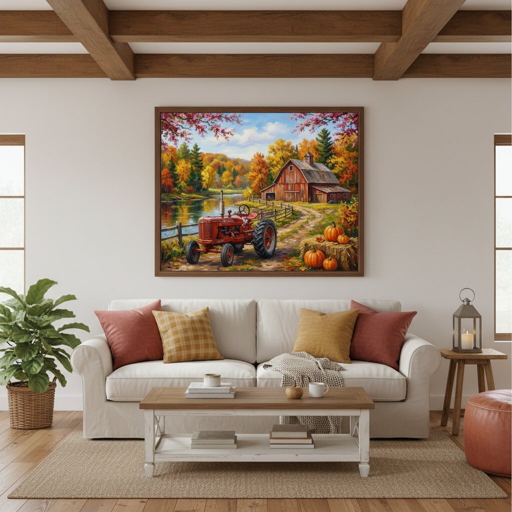 A large framed canvas print of an autumn farm scene with a red tractor, barn, pumpkins, and colorful trees, displayed on a white wall above a beige sofa in a styled living room.