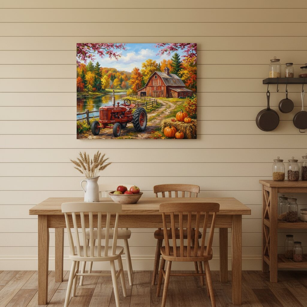 A rectangular canvas wall art print depicting a rustic autumn farm scene with a red tractor, barn, trees, and pumpkins, displayed above a wooden dining table in a beige shiplap kitchen or dining room.