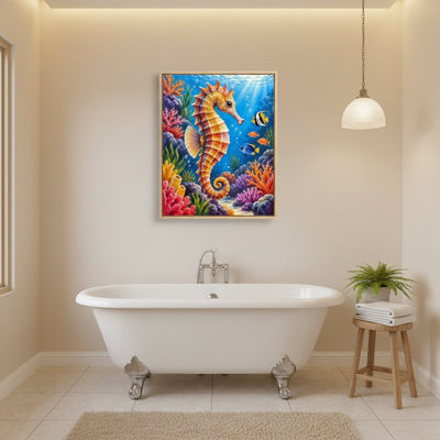 A colorful framed wall art print of a seahorse underwater scene, displayed above a white clawfoot bathtub in a bright, modern bathroom with a hanging pendant light and a small plant on a stool. Tropical Seahorse - Paint by numbers lifestyle