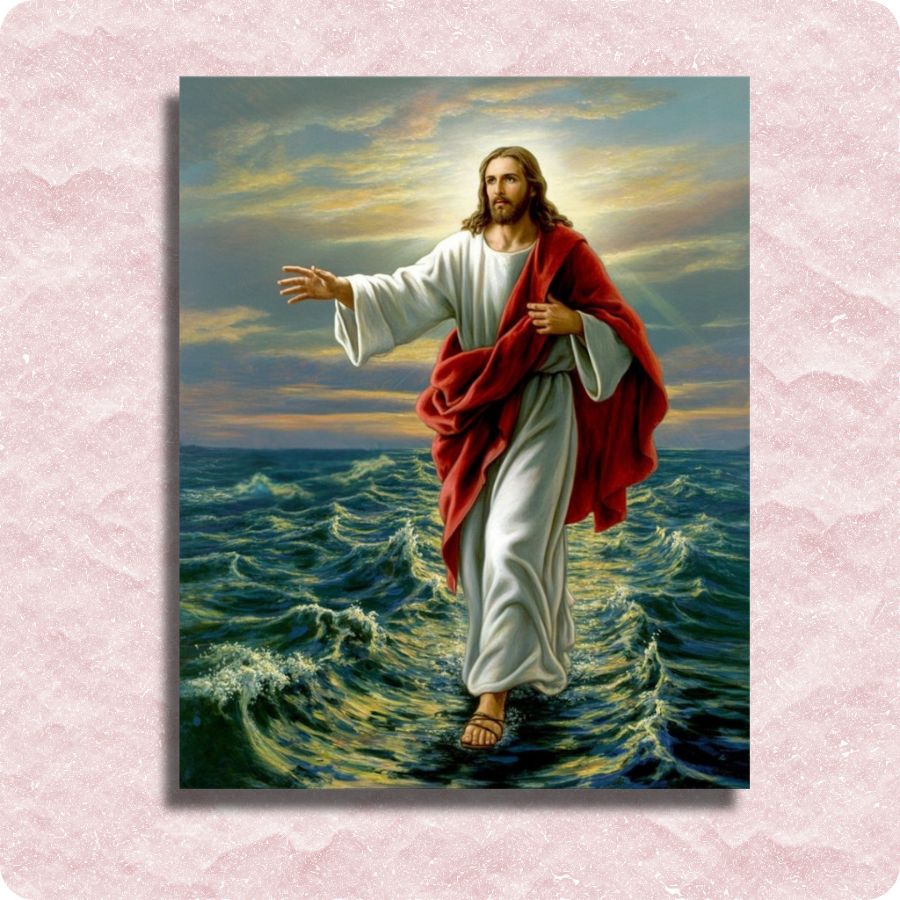 Painting of a religious figure walking on water with a pink textured background. Trust in Jesus Even in Storms - Paint by numbers