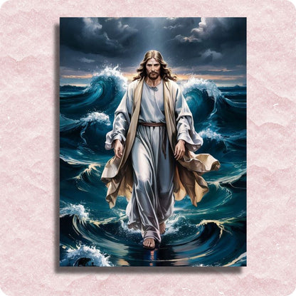 Paint by numbers of a Jesus walking on water with a pink textured border