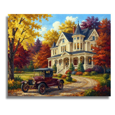 A colorful painting of a large Victorian-style house surrounded by autumn trees, with a vintage red car parked on a dirt path in front. The artwork is shown against a plain white background. Victorian House - Paint by Numbers Kit