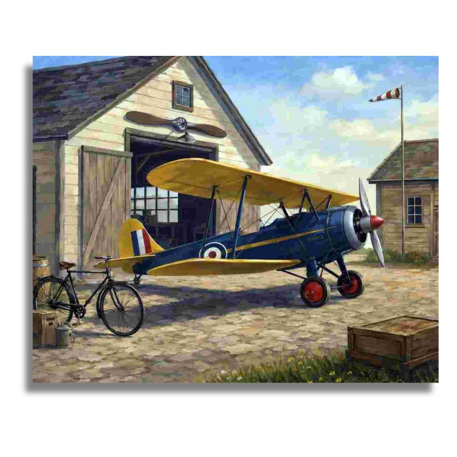 A vintage-style painting of a blue and yellow biplane parked in front of a wooden garage, with a bicycle, stone ground, and another building in the background. Vintage Airplane - Paint by numbers