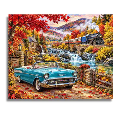 A square wall art print or canvas showing a colorful autumn landscape with a turquoise convertible car in the foreground, a black steam train crossing a stone bridge over a river, mountains in the distance, and red and yellow foliage. The artwork is presented against a plain white background. Vintage Convertible Amid Fall Scenery - Paint by numbers