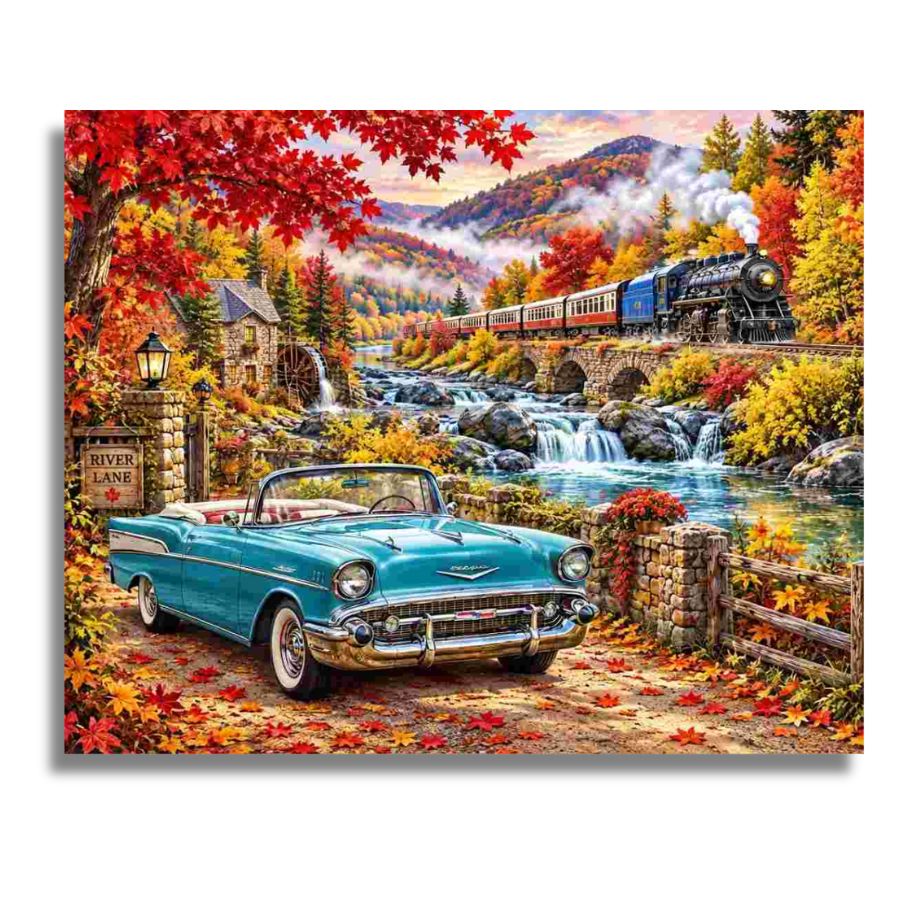 Vintage Convertible Amid Fall Scenery - Paint by numbers