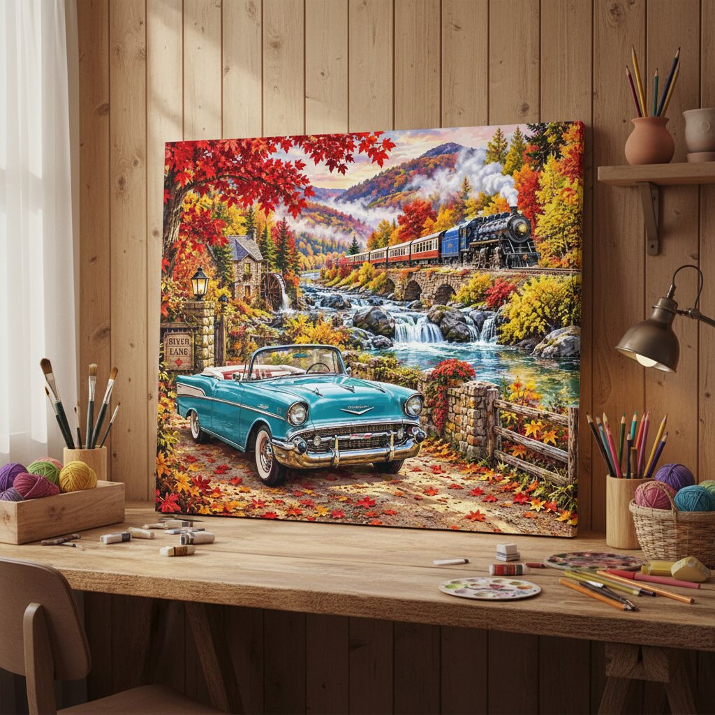 A large canvas painting displayed on a wooden wall above a workbench, depicting a colorful autumn landscape with a turquoise convertible car, a river, a bridge, and a train. The room has wood paneling, shelves with art supplies, and a desk lamp. Vintage Convertible Amid Fall Scenery - Paint by numbers lifestyle