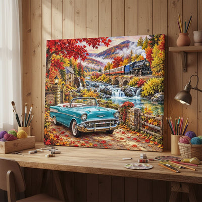 A large canvas painting displayed on a wooden wall above a workbench, depicting a colorful autumn landscape with a turquoise convertible car, a river, a bridge, and a train. The room has wood paneling, shelves with art supplies, and a desk lamp. Vintage Convertible Amid Fall Scenery - Paint by numbers lifestyle
