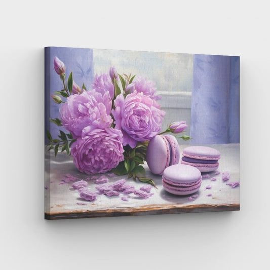 Violette bitterkoekjes en rozencanvas - Schilderij op nummerwinkel