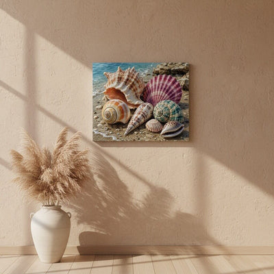 Framed artwork of seashells on a beach wall in a room with a vase and pampas grass.