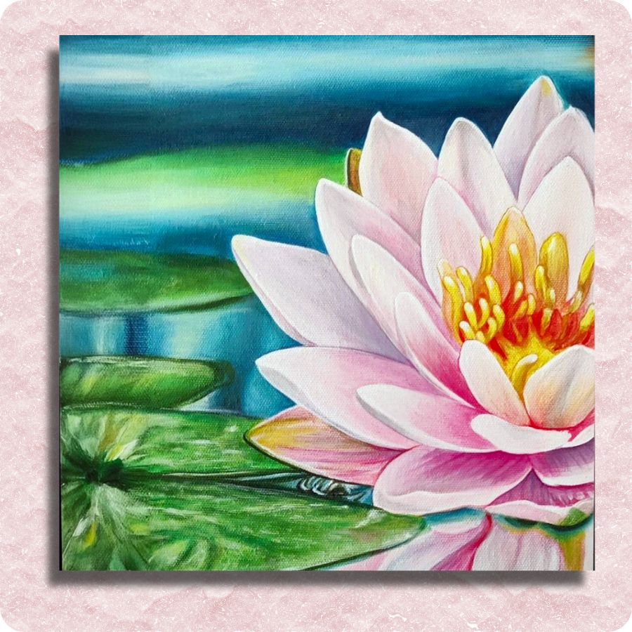 Water Lily Bloom - Paint by numbers - Colorful watercolor painting of a pink water lily with green leaves on a light pink background