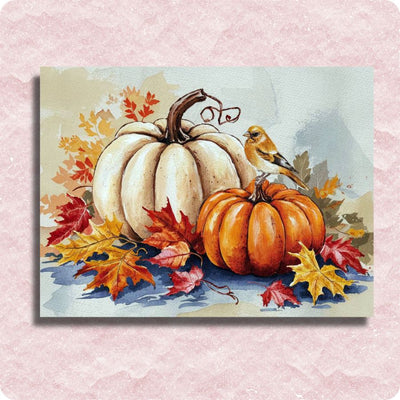 Paint by number of pumpkins and autumn leaves on a textured pink background
