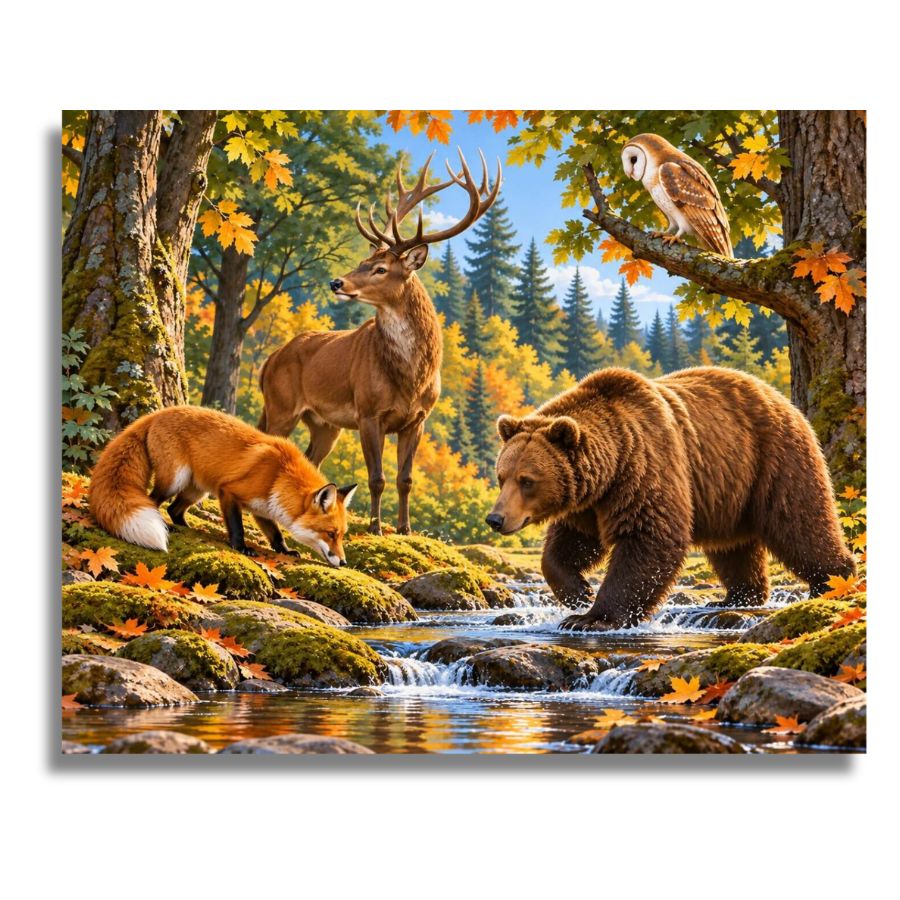 A square wall art print or canvas showing a forest scene with a brown bear walking across a stream, a deer standing behind trees, a fox by the water, and an owl perched on a branch. The artwork is presented against a light gray background with a soft drop shadow. Wildlife Canvas - Paint by numbers