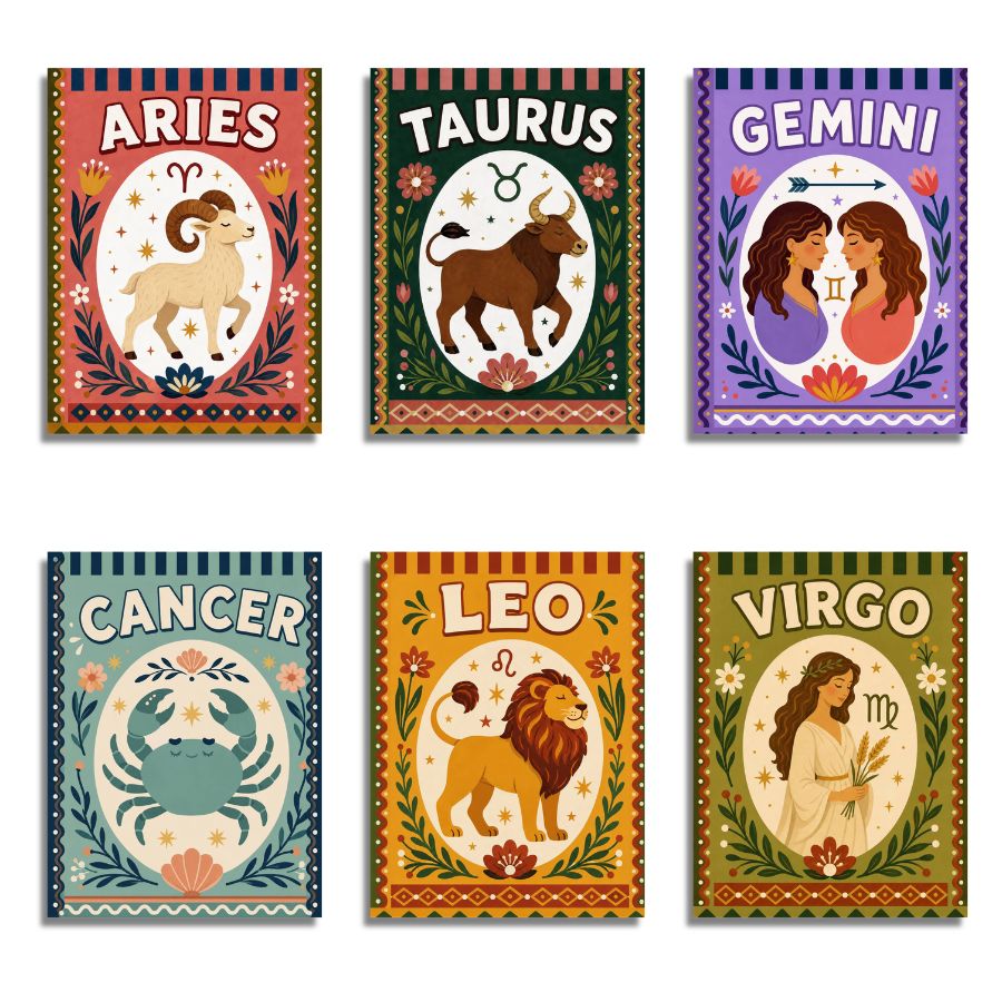 Six decorative zodiac art cards arranged in two rows on a white background: Aries, Taurus, Gemini, Cancer, Leo, and Virgo. Each card features a colorful zodiac symbol and illustration with the zodiac name at the top. Zodiac - Paint by numbers