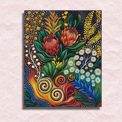 Colorful aboriginal floral artwork with intricate patterns on a textured wall background. Aboriginal Art Flower - Paint by Numbers