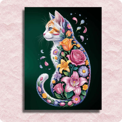 Abstract cat - Paint by numbers -Colorful illustration of a cat with floral patterns on a dark background