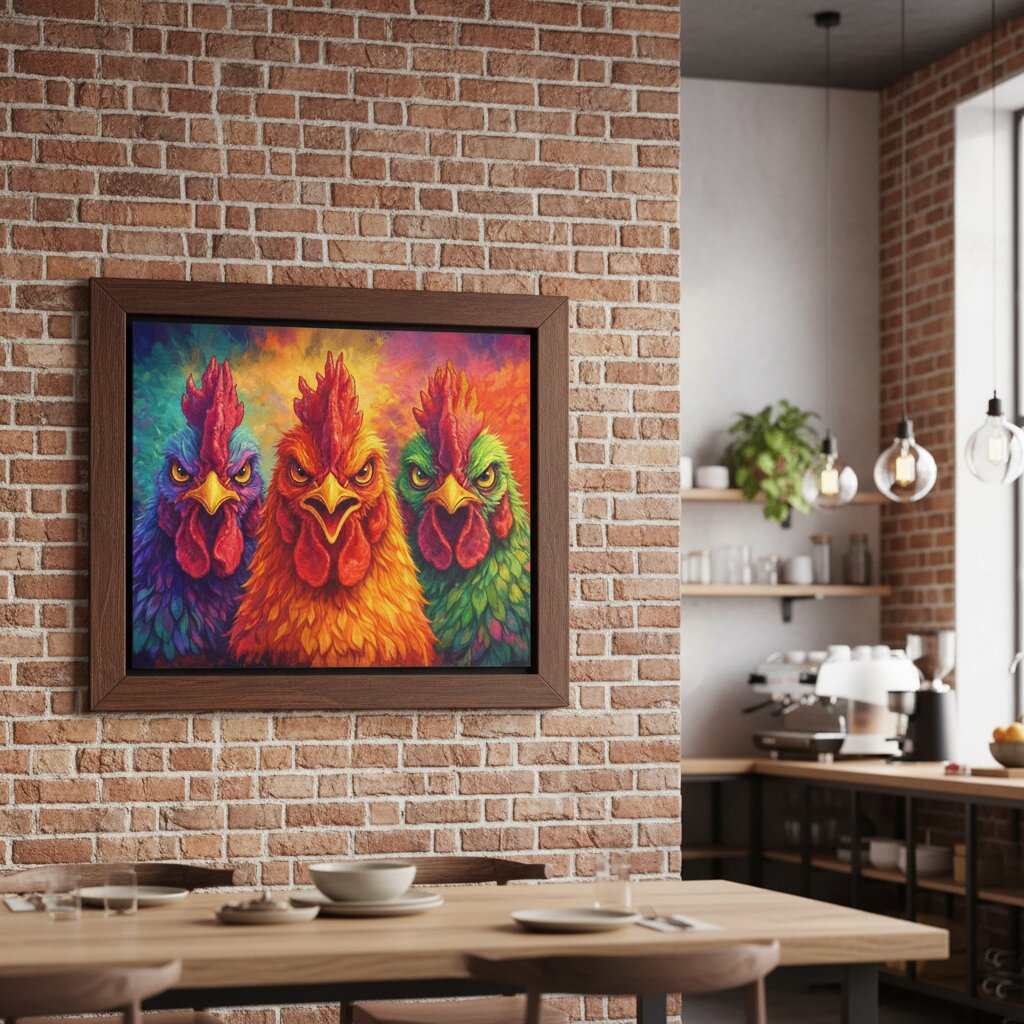 Colorful painting of roosters on a brick wall in a kitchen.