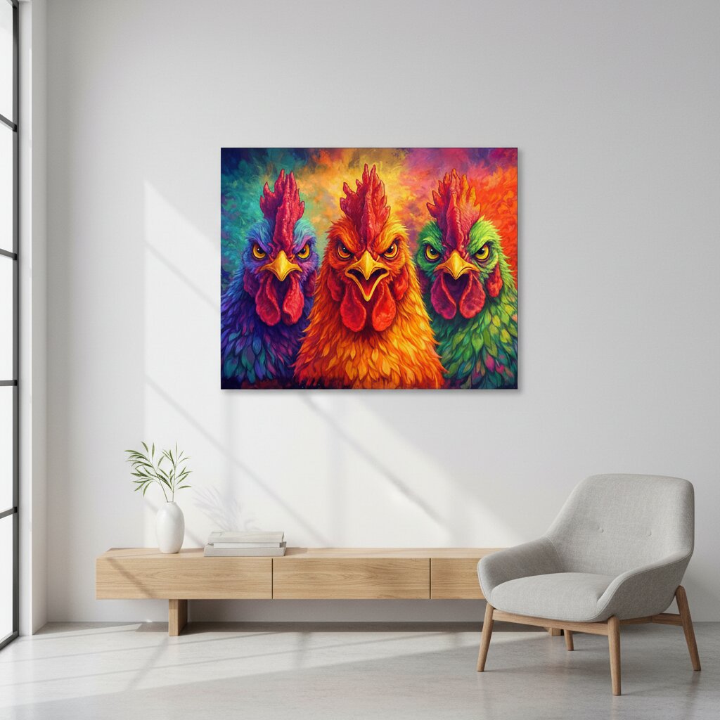 Colorful painting of three roosters on a wall above a wooden console table and chair.