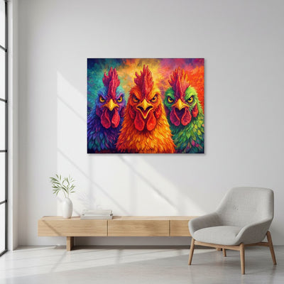 Colorful painting of three roosters on a wall above a wooden console table and chair.