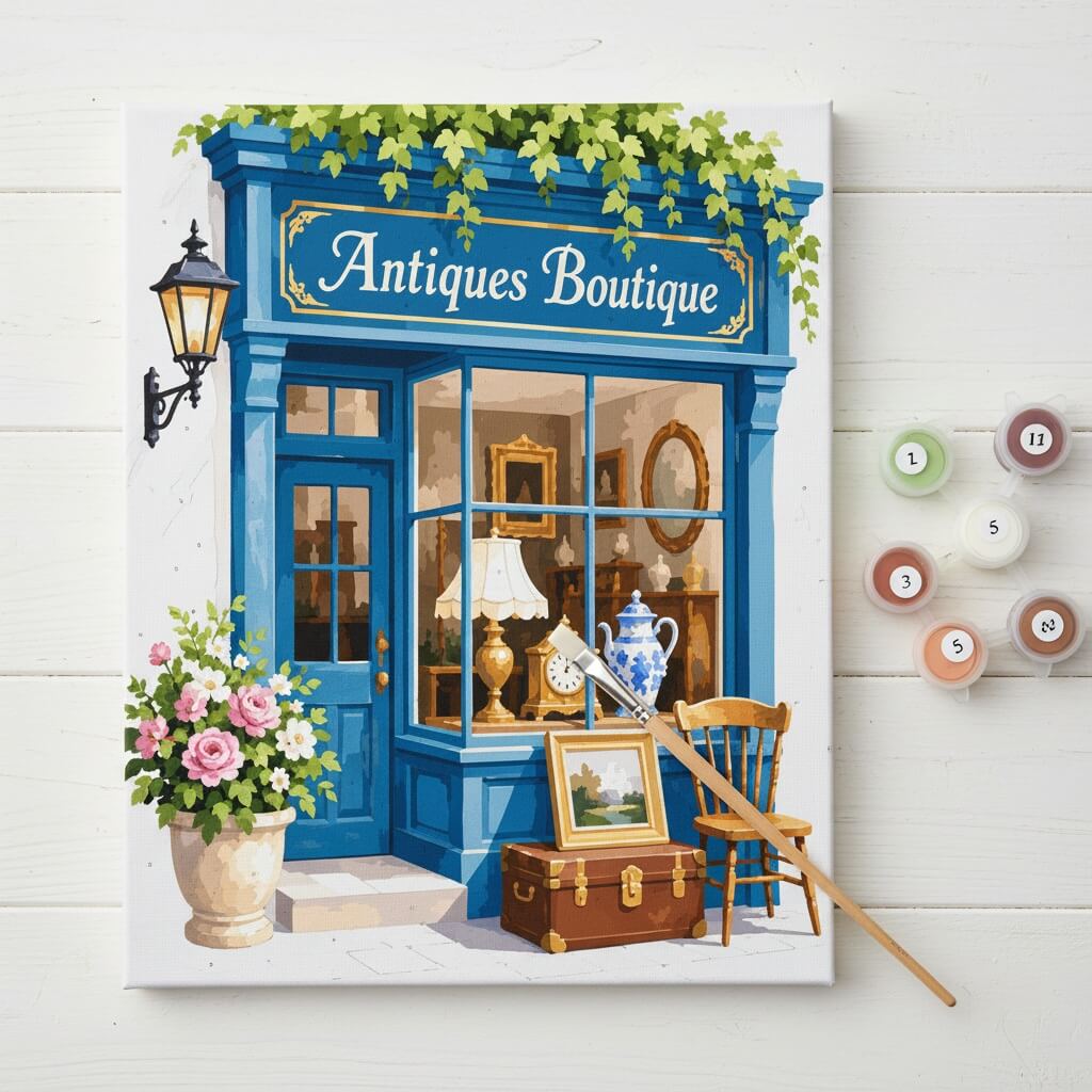 Painting of an antiques store with a blue facade and various items displayed.