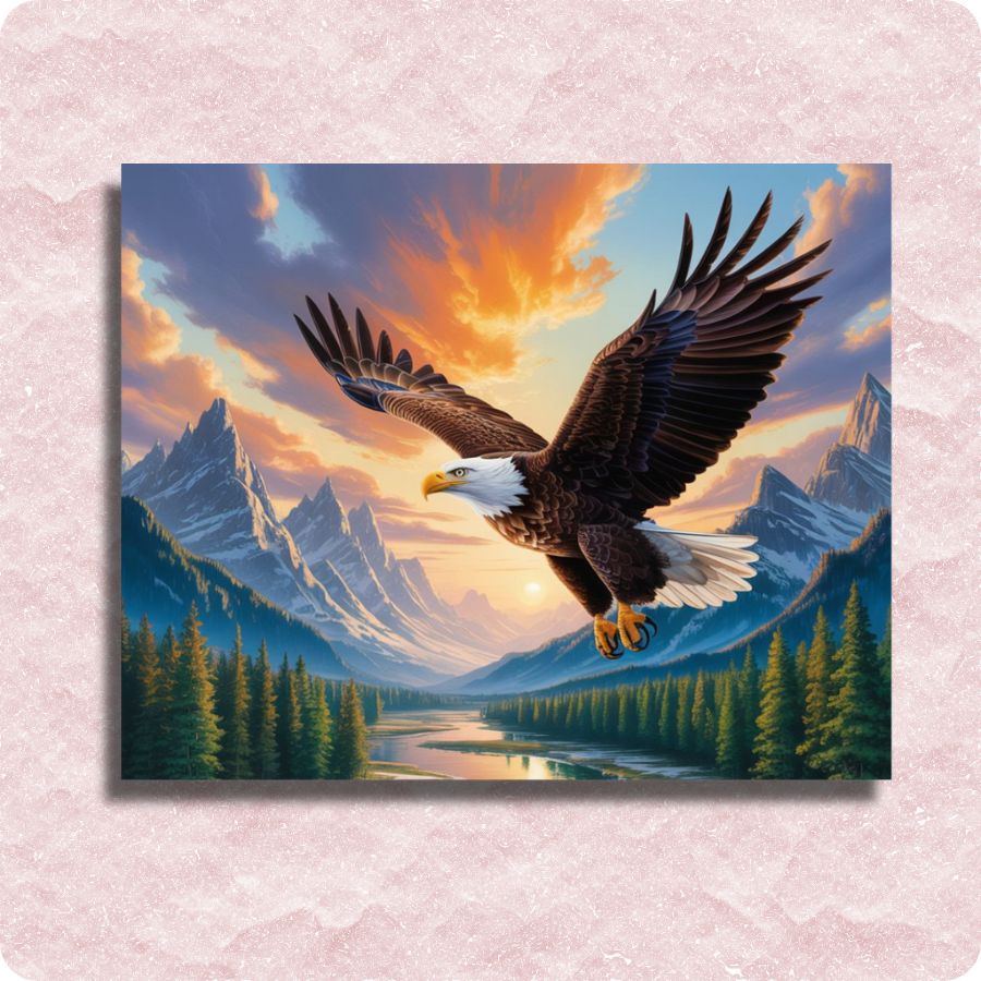 Painting of an eagle flying over a mountain landscape with a pinkish-purple sky. Bald eagle - Paint by numbers
