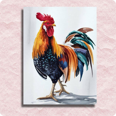 Colorful rooster paint by numbers on a light pink textured background