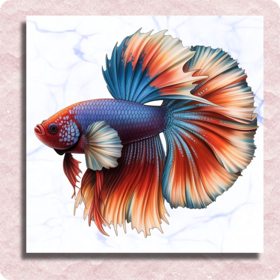 Colorful Betta fish with vibrant red, blue, and orange colors on a light pink background. Betta Fish - Paint by numbers