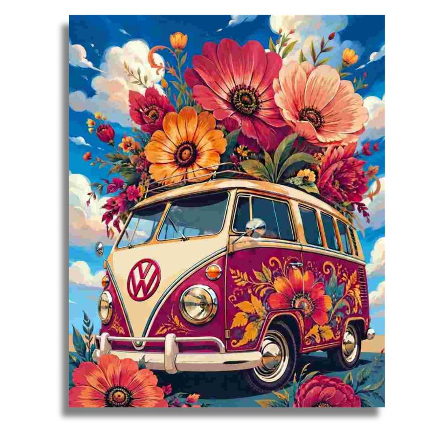 A colorful art print of a classic Volkswagen camper van covered in large, vibrant flowers against a blue sky with clouds.  Blossoming Bus - Paint by numbers