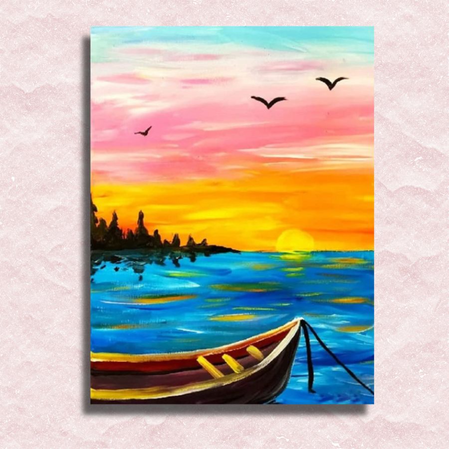 Boot und friedlicher Sonnenuntergang auf Leinwand – Malen-nach-Zahlen-Shop