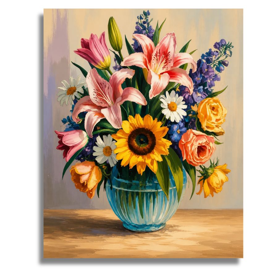 Colorful bouquet of flowers in a blue vase on a wooden surface with a neutral background. Bright Color Flowers - Paint by numbers